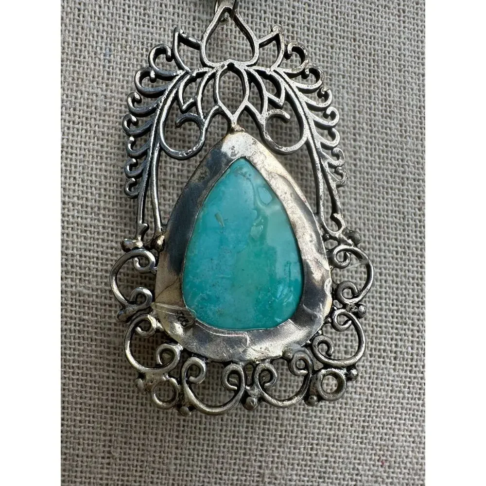 Sterling 925 Turquoise Teardrop Handmade Rustic Pendant Large Ornate Southwest